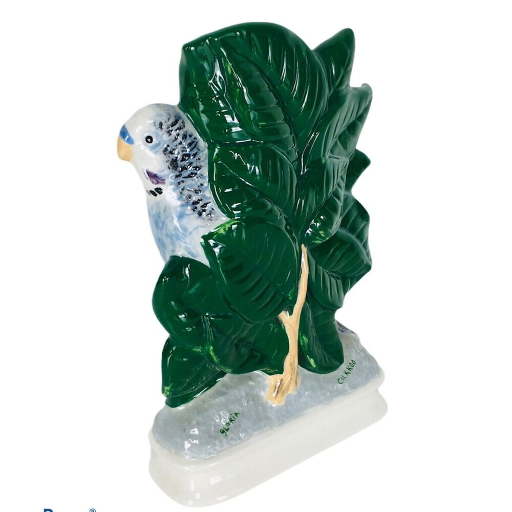 Vintage 40's 50's Budgerigar Bird w/ Leaves and Flowers Ceramic Figurine Signed